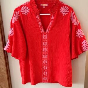 THML Red Blouse with Pink Embroidery